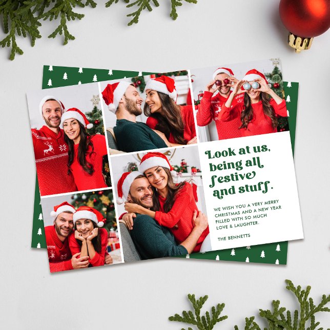 Funny Look at Us 5 Photo Collage Christmas | Green Holiday Card (Creator Uploaded)