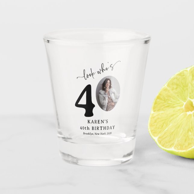Funny 'Look Who's 40' Stylish 40th Birthday Shot Glass (Front)