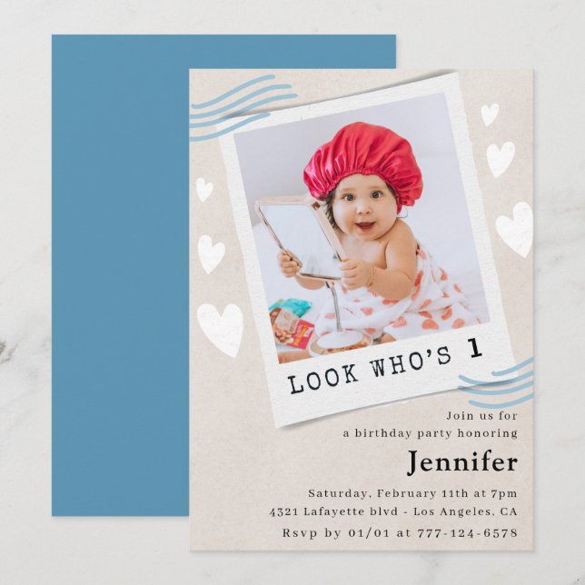 Funny Look who's turning 1st birthday invitations (Front/Back)