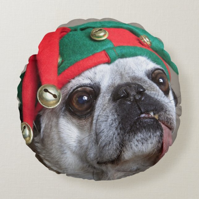 Funny looking pug with tongue hanging out round pillow (Front)