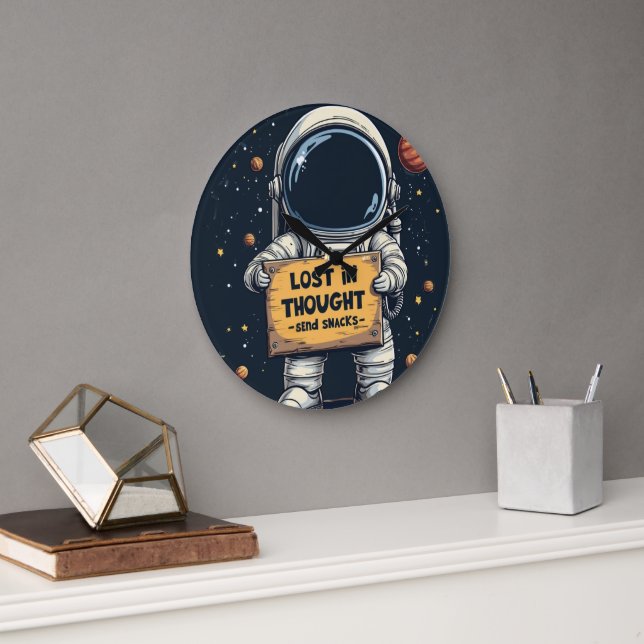 Funny Lost in Thought Astronaut Space Illustration Large Clock (Office)