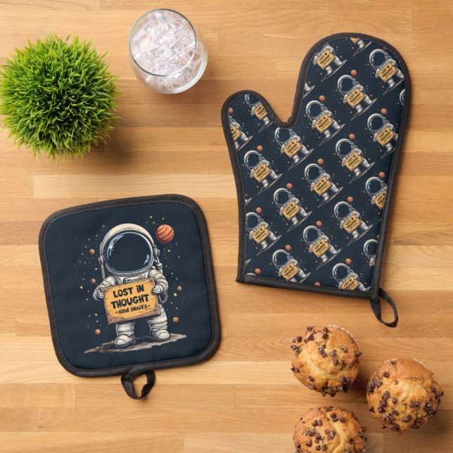 Funny Lost in Thought Astronaut Space Illustration Oven Mitt & Pot Holder Set (Top Down)