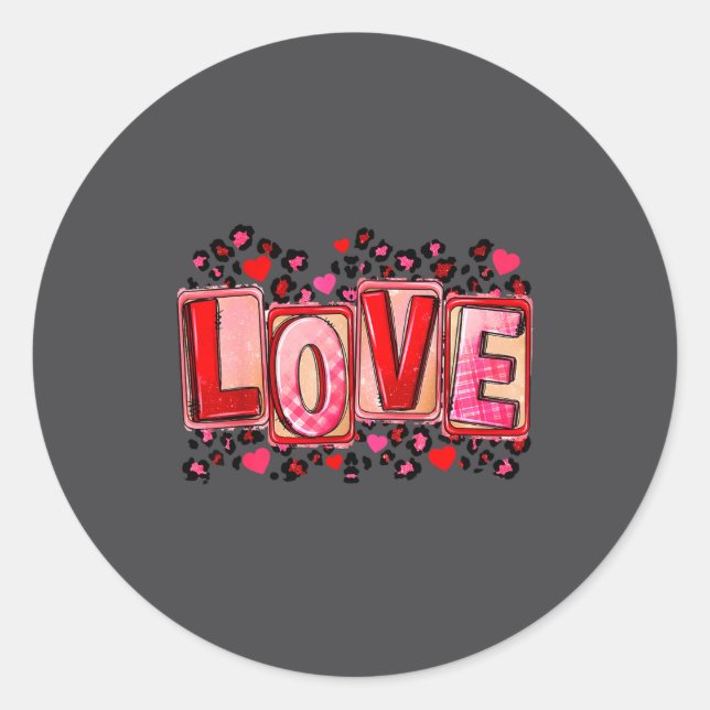 Funny Love Lettering Leopard Day Pink Valentine s Classic Round Sticker (Front)