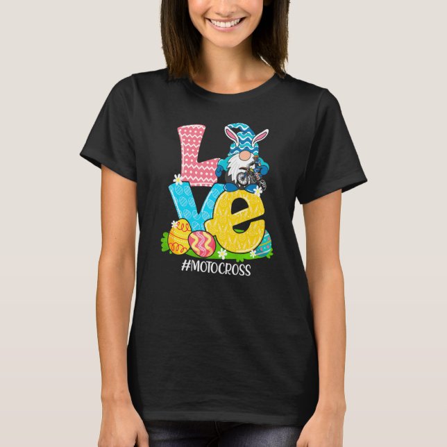 Funny Love Motocross Easter Gnome Egg Hunting Bask T-Shirt (Front)