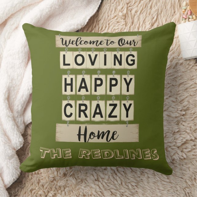 Funny  Loving Happy Crazy Home Green Throw Pillow (Blanket)