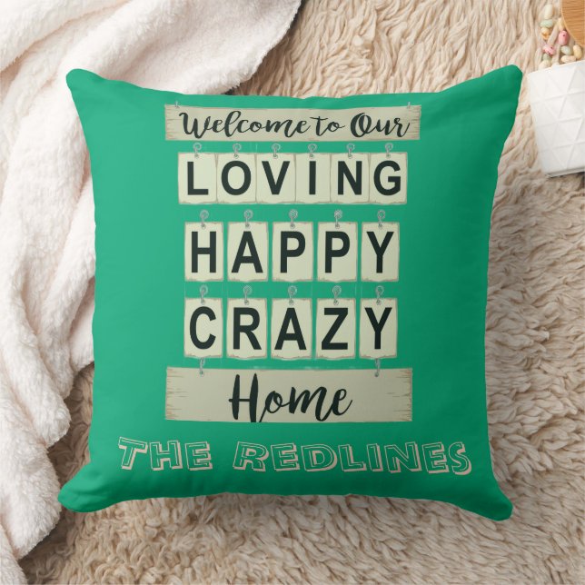 Funny  Loving Happy Crazy Home Greenish Throw Pillow (Blanket)