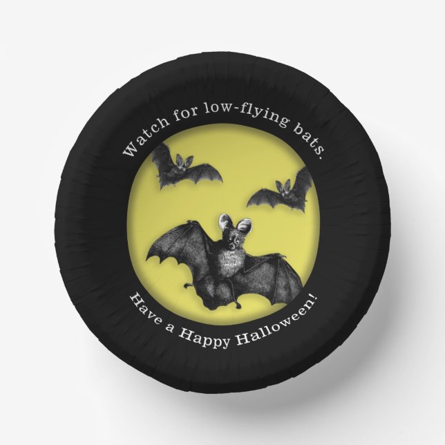 Funny Low Flying Bats Happy Halloween Paper Plate (Front)