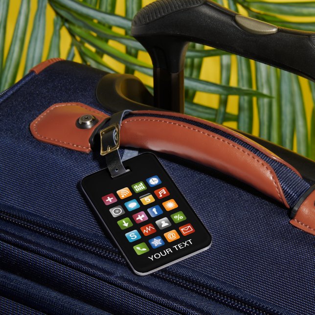 Funny luggage tag with smartphone app icons (Front Insitu 1)