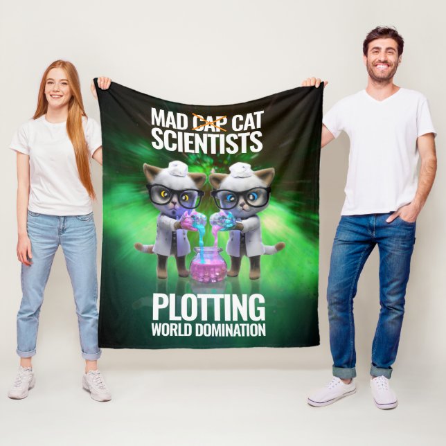 Funny Mad Cat Scientists Plotting World Domination Fleece Blanket (In Situ)