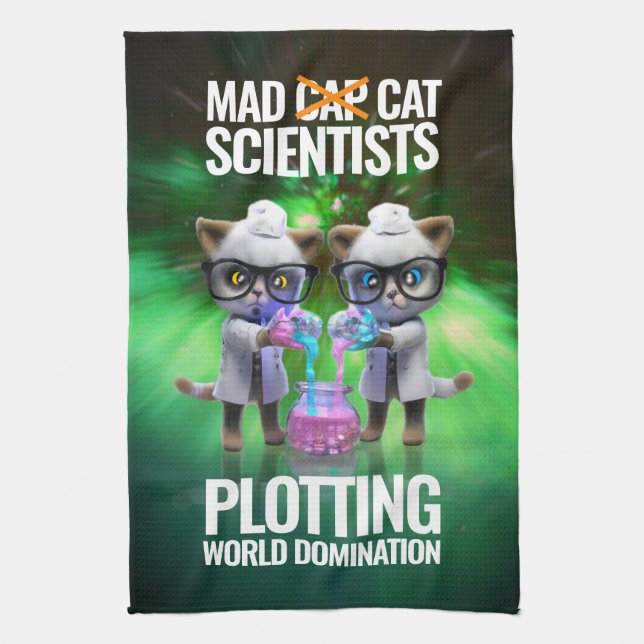 Funny Mad Cat Scientists Plotting World Domination Kitchen Towel (Vertical)