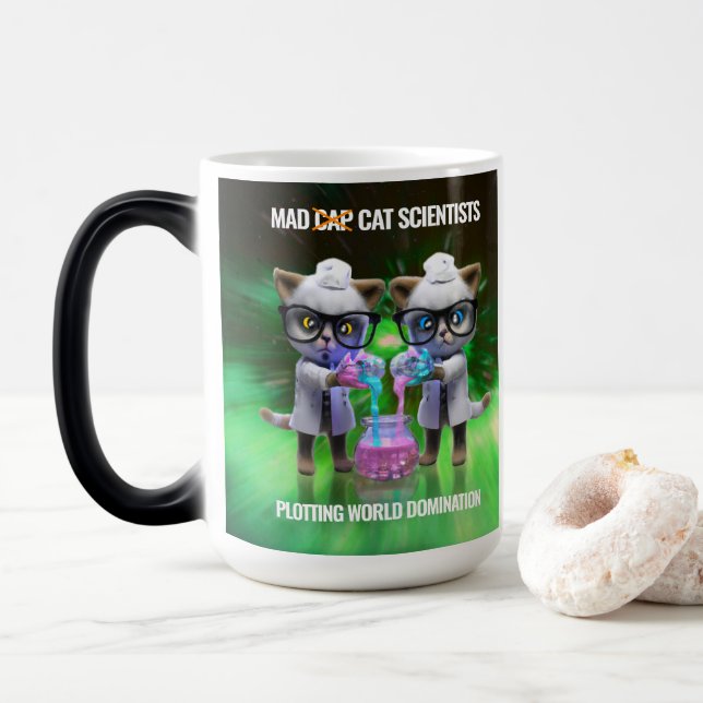 Funny Mad Cat Scientists Plotting World Domination Magic Mug (With Donut)