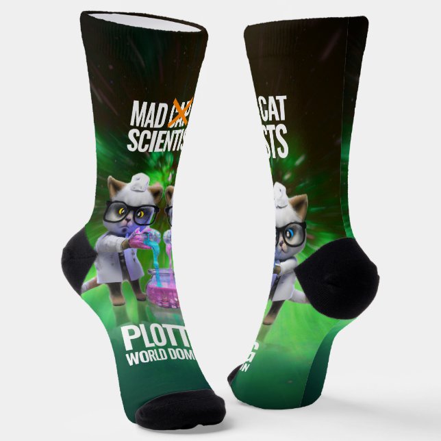 Funny Mad Cat Scientists Plotting World Domination Socks (Angled)