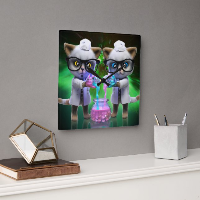 Funny Mad Cat Scientists Plotting World Domination Square Wall Clock (Office)