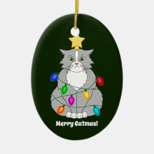Funny Mad Christmas Tree Cat in Colourful Lights Ceramic Ornament