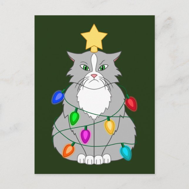 Funny Mad Christmas Tree Cat in Colourful Lights Holiday Postcard (Front)
