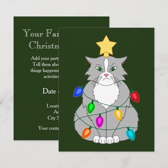 Funny Mad Christmas Tree Cat in Colourful Lights Invitation (Front/Back)