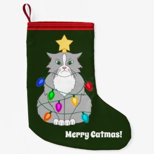 Funny Mad Christmas Tree Cat in Colourful Lights Small Christmas Stocking