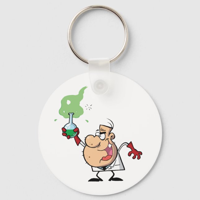 Funny Mad Scientist Holding Green Potion Keychain (Front)