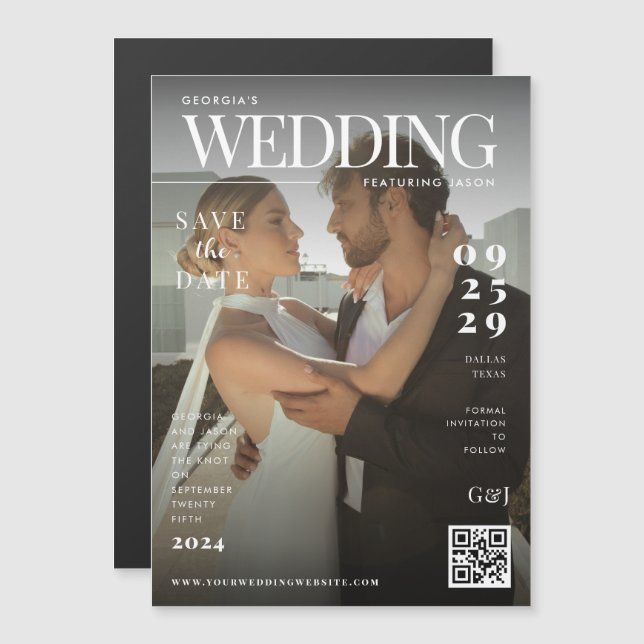 Funny Magazine Cover Dark Photo Unique Wedding Magnetic Invitation (Front/Back)