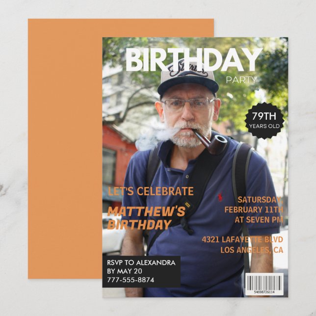 Funny Magazine Editorial Photo 79th birthday Invitation (Front/Back)