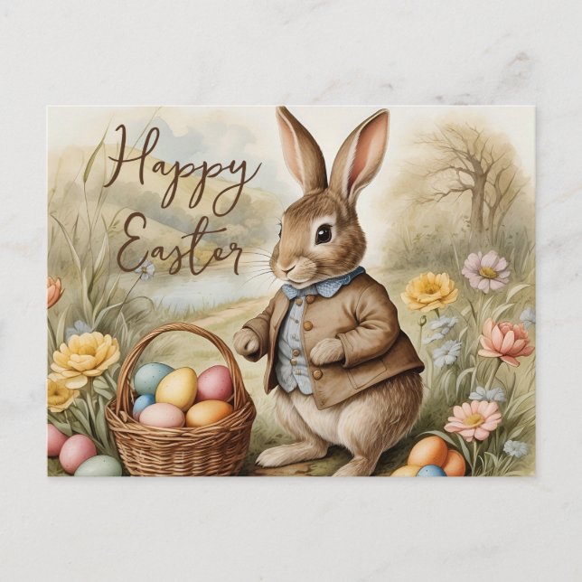 Funny Magical Easter Bunny Eggs Hunt in Meadow  Postcard (Front)