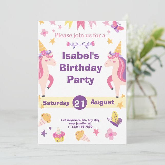 funny Magical Unicorn Birthday Invitation  (Standing Front)