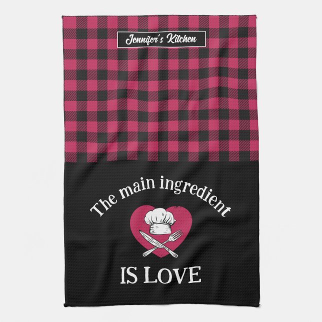 Funny Main Ingredient is Love Red Black Plaid Kitchen Towel (Vertical)