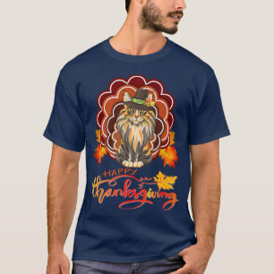 Funny Maine Coon Cat Turkey Happy Thanksgiving T-Shirt