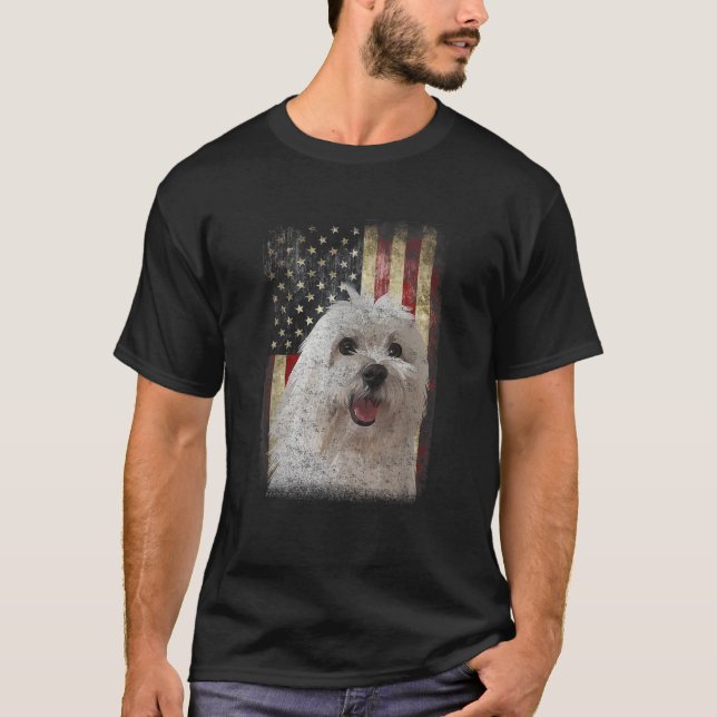 Funny Maltese Face Flag American Distressed Dog Lo T-Shirt (Front)