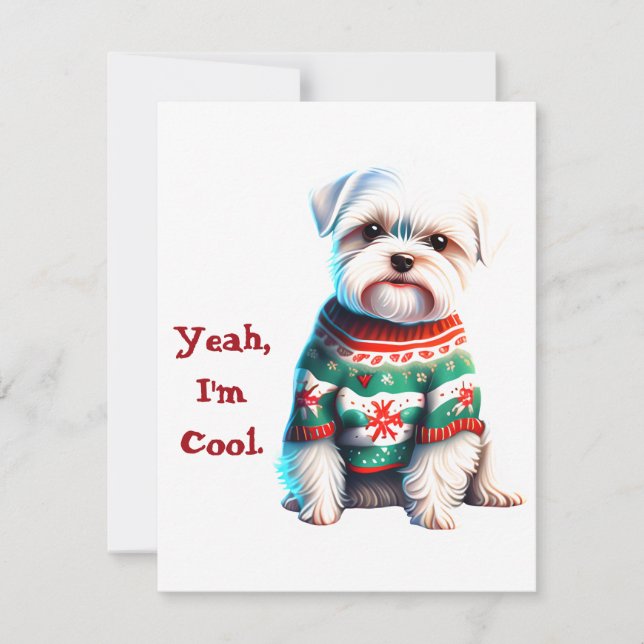 Funny Maltese in Ugly Sweater Christmas Card (Front)