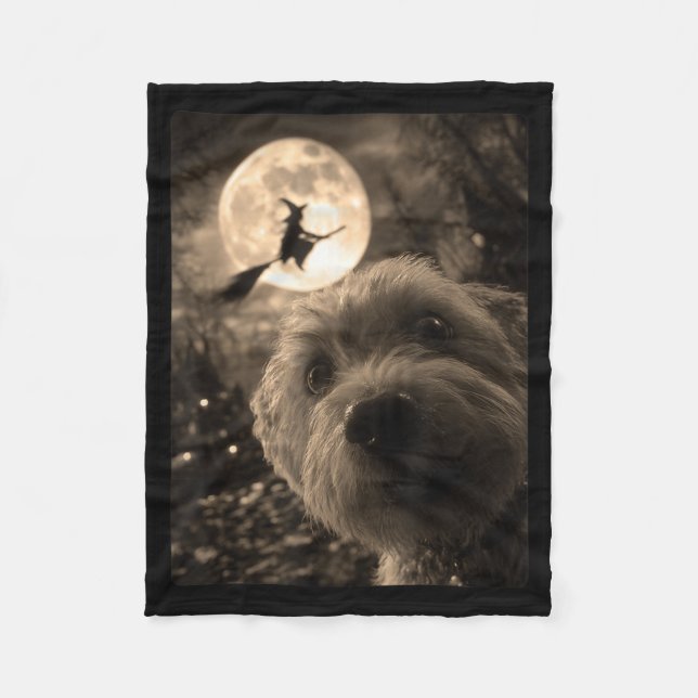 Funny Maltese Selfie Full Moon Flying Witch Fleece Blanket (Front)