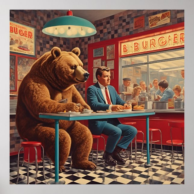 Funny Man and Bear at Retro Diner Poster (Front)