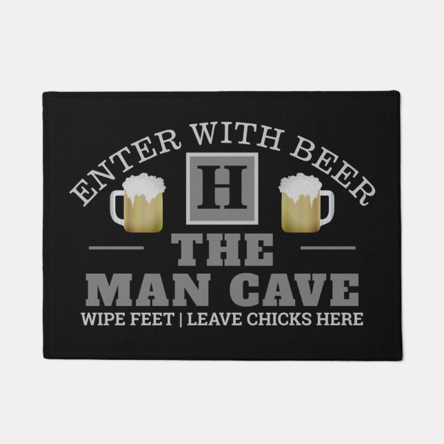 Funny MAN CAVE with Monogram and  Beer on BLACK Doormat (Front)