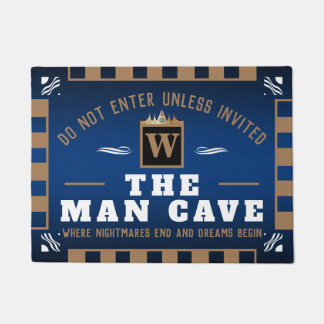 Funny MAN CAVE with Monogram | DEEP BLUE Welcome Doormat