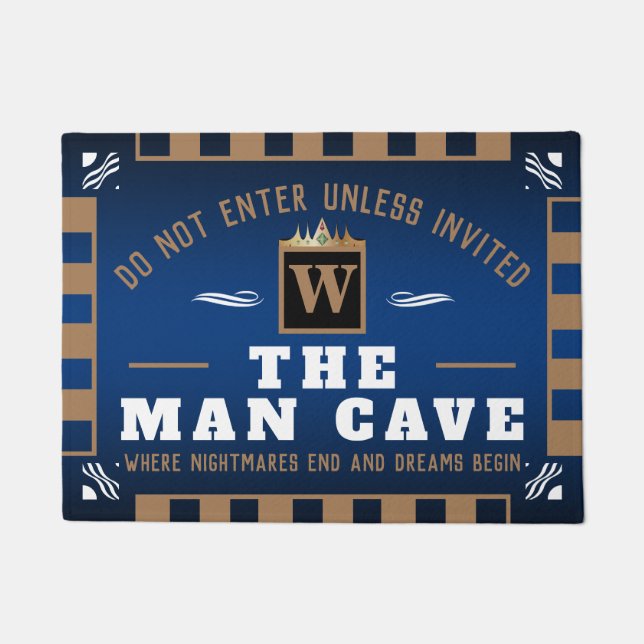 Funny MAN CAVE with Monogram | DEEP BLUE Welcome Doormat (Front)