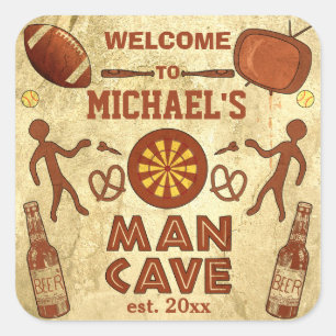 Funny Man Cave with Your Name Custom Square Sticker