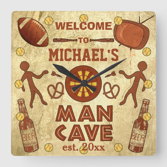 Funny Man Cave with Your Name Custom Square Wall Clock (Front)