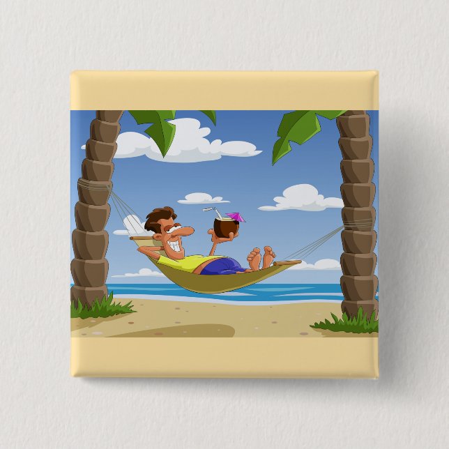 Funny Man Relaxing in Beach Hammock 2 Inch Square Button (Front)