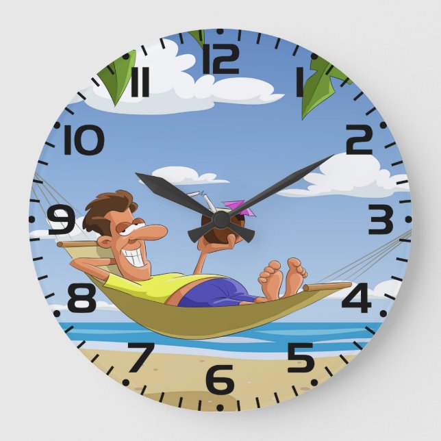 Funny Man Relaxing in Beach Hammock Large Clock (Front)
