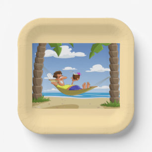 Funny Man Relaxing in Beach Hammock Paper Plate