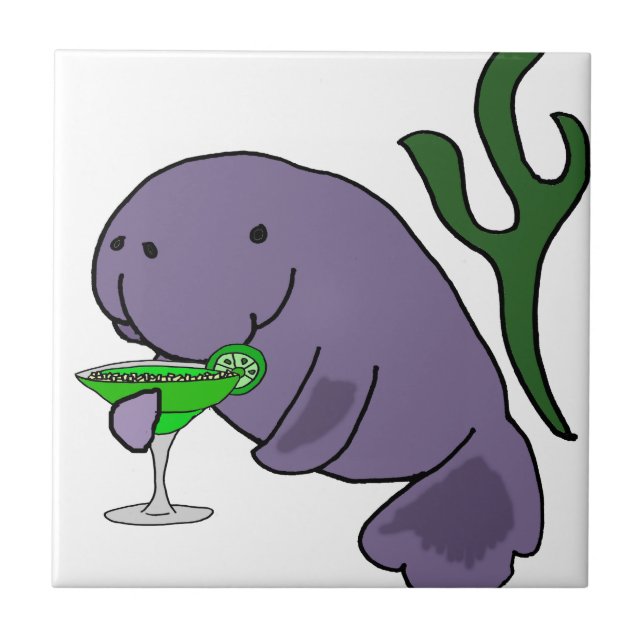 Funny Manatee Drinking Margarita Cartoon Tile (Front)