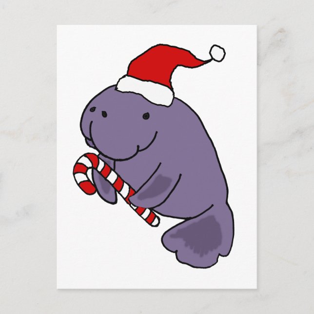 Funny Manatee in Santa Hat Christmas Cartoon Postcard (Front)