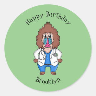 Funny mandrill doctor cartoon illustration classic round sticker