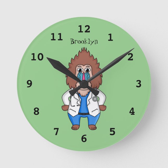 Funny mandrill doctor cartoon illustration round clock (Front)