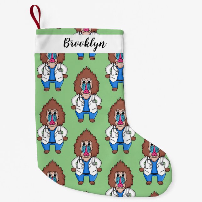 Funny mandrill doctor cartoon illustration small christmas stocking (Front)