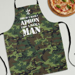 Funny Manly Camouflage Apron<br><div class="desc">Funny manly apron featuring a camouflage pattern background, a knife, folk & spoon logo, plus the saying "this is a manly apron, for a manly man".</div>