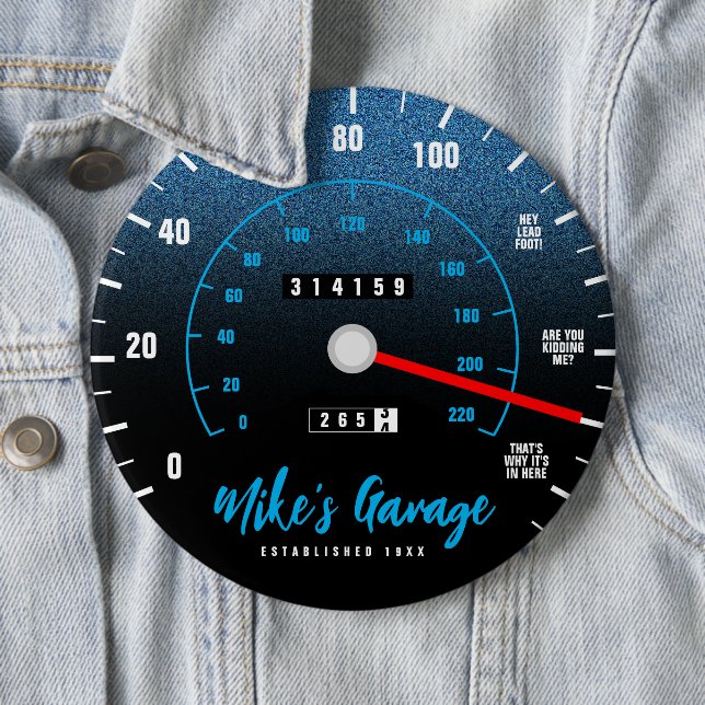 Funny Manly Car Odometer Speedometer Blue Glitter 6 Inch Round Button (In Situ)