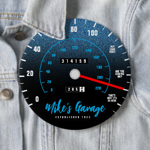 Funny Manly Car Odometer Speedometer Blue Glitter 6 Inch Round Button