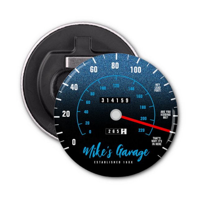Funny Manly Car Odometer Speedometer Blue Glitter Bottle Opener (Front)