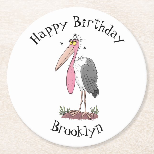 Funny marabou stork cartoon round paper coaster (Front)